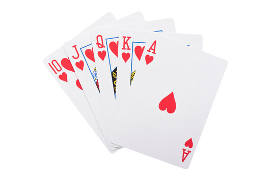 Playing cards isolated on white background. Hand of hearts playing cards isolated.
