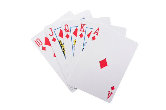 Playing cards isolated on white background. Hand of diamonds playing cards isolated.