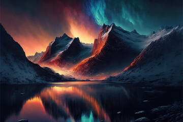 Aurora Borealis over Snowy Mountains, AI Generated Illustration