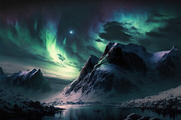 Aurora Borealis over Snowy Mountains, AI Generated Illustration