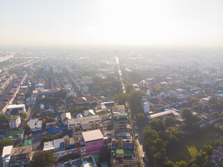 Naklejka premium Aerial view metropolitan city office building morning sky