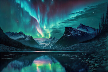 Fototapeta na wymiar Aurora Borealis over Snowy Mountains, AI Generated Illustration