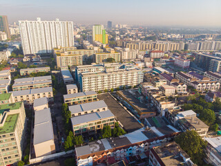 Aerial view metropolitan city office building morning sky