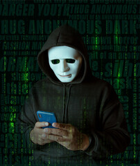 Hacker wearing white mask with binary code digital interface. Using smartphone to steal financial data. Double exposure data theft, internet fraud, darknet and cyber security concept.