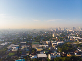 Aerial view metropolitan city office building morning sky