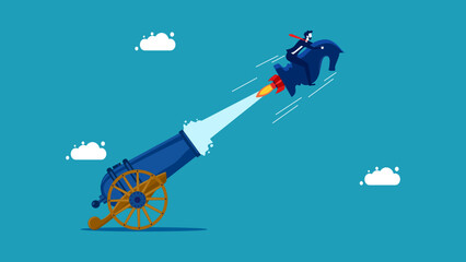 business strategies boosting. Businessman flying on a chess horse coming out of a cannon. vector illustration