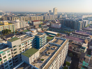 Naklejka premium Aerial view metropolitan city office building morning sky