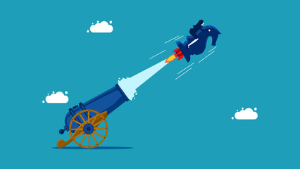 business strategies boosting. Businesswoman flying on a chess horse coming out of a cannon. vector illustration