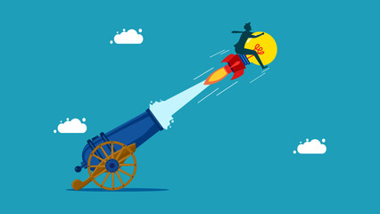 business strategies boosting. businessman flying a light bulb out of a cannon vector