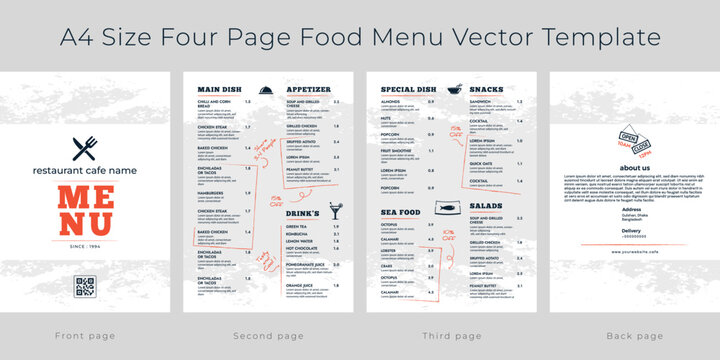 Restaurant cafe menu, template design,
A4 size four page food menu template
