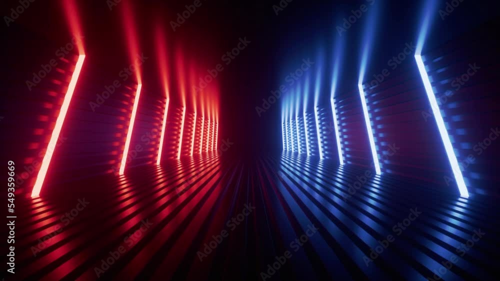 Poster glowing neon lines and tunnel, 3d rendering.