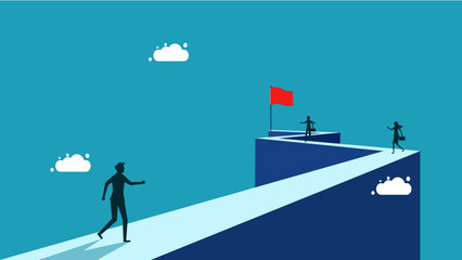 business competition. Businessman following the path to the red flag vector