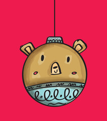 Vector Christmas greeting card with cute vector animal character christmas ball. Teddy bear Christmas tree decoration hanging ball on red background. Vector illustration EPS10.