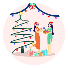 Two woman are decorating christmas tree preparation before celebrating christmas hearts.Vector illustration of people decorating christmas tree with colorful lights.flat illustration design