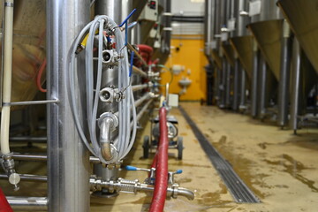 food processing plant, valves and fittings on beer making equipment - 549361659
