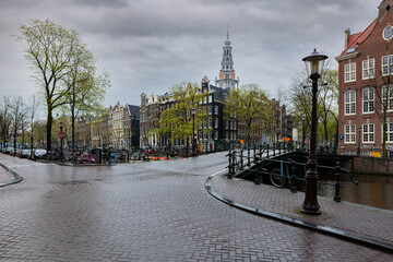 Obraz premium Downtown Amsterdam city skyline. Cityscape in Netherlands at sunset