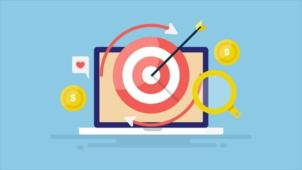 Online advertising re-targeting campaign concept, target and arrow on laptop screen. Video animation.
