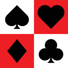 Set of playing card suits isolated on white background. Set of suits deck of cards for playing poker and casino. Vector illustration. Simple Black and White Spade 
club heart diamond Ace Poker Casino.