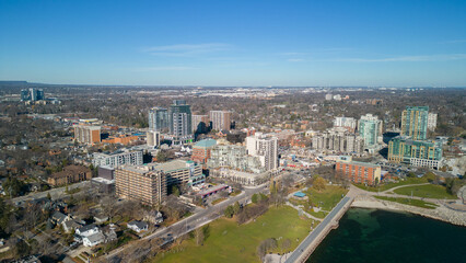 Aerial view of the coast in Burlington Ontario near Brant Street Pier