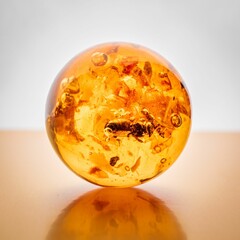 Closeup shot of an amber ball with ancient insect fossil inside with blur background