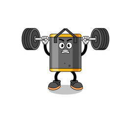 punching bag mascot cartoon lifting a barbell