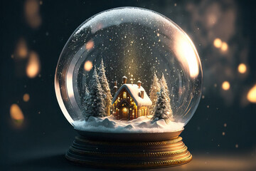 Beautiful snow globe with snowy landscape, winter home castle and trees on a Christmas themed...