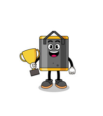 Cartoon mascot of punching bag holding a trophy