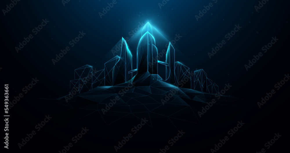 Fototapete smart, futuristic city forms lines and triangles point connecting networks on blue background. illus