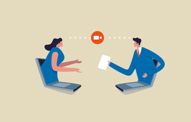 Business team doing virtual meeting. People on connected screens. businessman and woman online meeting. Illustration