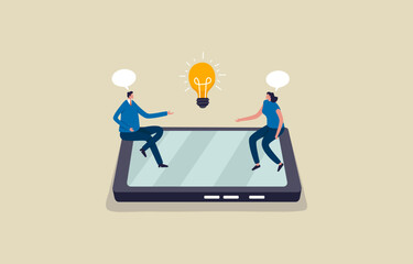 Long distance communication with smartphones.  Video conference. man and woman teammate working remotely using smartphone. Illustration