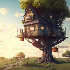 Fantasy treehouse. Dwelling of magical creatures like elves, gnomes, goblins and fairies. 