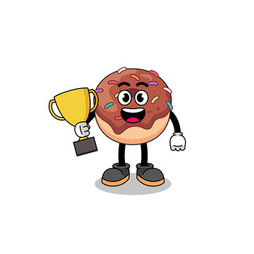 Cartoon mascot of donuts holding a trophy