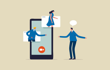 Fototapeta premium Virtual communication. Online internet chat communication. Business team on connected screens. Illustration