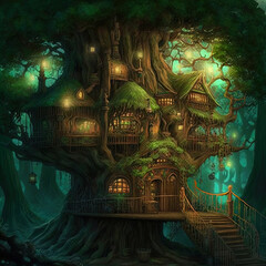 Fantasy treehouse. Dwelling of magical creatures like elves, gnomes, goblins and fairies. 