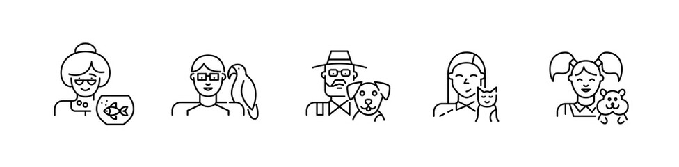 Pet owners of different ages with bird, hamster, fish, cat and dog. Pixel perfect, editable stroke icon