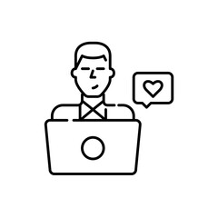 Young man at a laptop sending or receiving a like message. Pixel perfect, editable stroke line icon