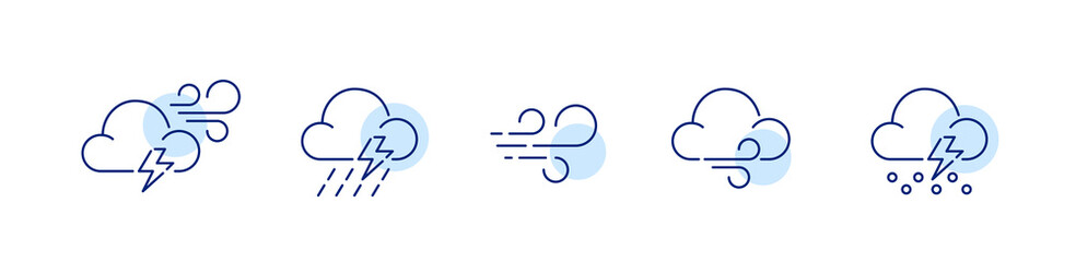 5 stormy weather forecast designs. Wind, lightning and shower. Pixel perfect, editable stroke line icons