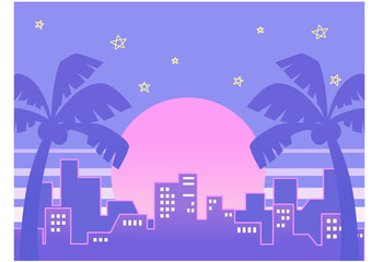 80年代ニューレトロシティポップ風ヤシの木とビルのネオン夜の街並み1