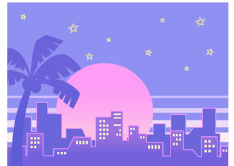 80年代ニューレトロシティポップ風ヤシの木とビルのネオン夜の街並み2