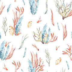 Watercolor hand drawn seamless pattern with colorful illustration of abstract sea underwater plants, seaweeds, ocean coral reef. Aquarium decor set. Marine floral elements isolated on white background