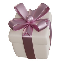 3D Cream Gift Box with Pink Ribbon for Birthday Party Decoration Celebrate. PNG Transparent Background.
