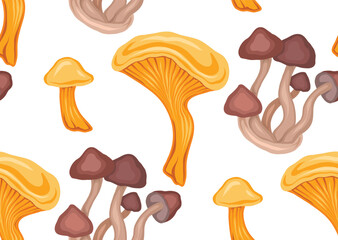 Seamless pattern with cartoon mushrooms on white background. Vector autumn drawing of forest chanterelles