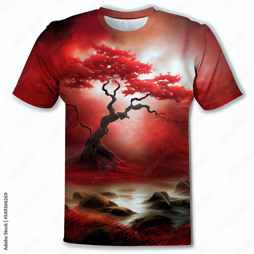 Poster a t - shirt with a painting of a tree and a river in the background with red leaves on it. generativ