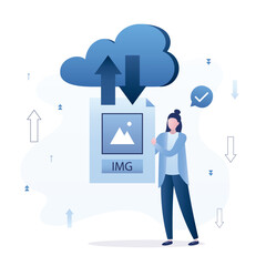 Virtual data storage. Woman user loading media content to clouds. Cloud service, remote servers. Sharing files with network. Cloud computing technology. Sync between gadgets.