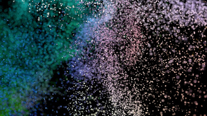 3D rendering of burst of colorful particles on black background