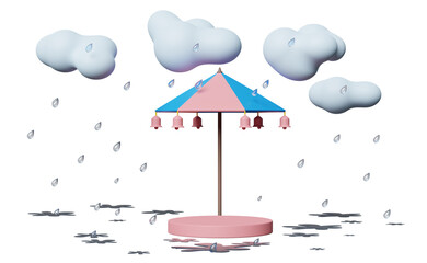 stage podium empty with umbrella, cloud, drop rain water, notification bell isolated. protection and security concept, 3d illustration or 3d render