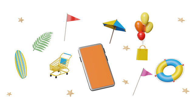 3d mobile phone, smartphone with umbrella, balloon, starfish, cart, palm, shopping paper bags, lifebuoy, flags isolated. online shopping summer sale concept, 3d render illustration