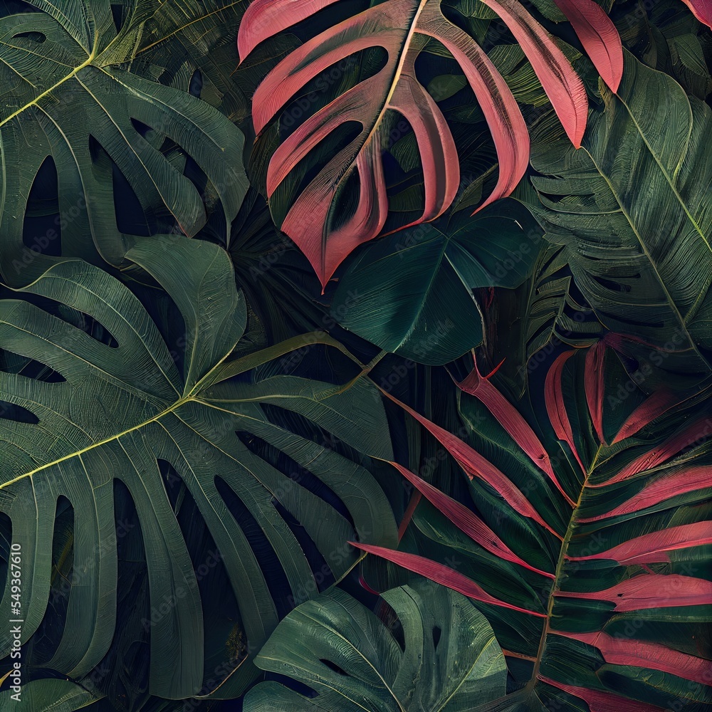 Poster a bunch of green and red leaves on a black background with a red stripe on the bottom of the leaves.
