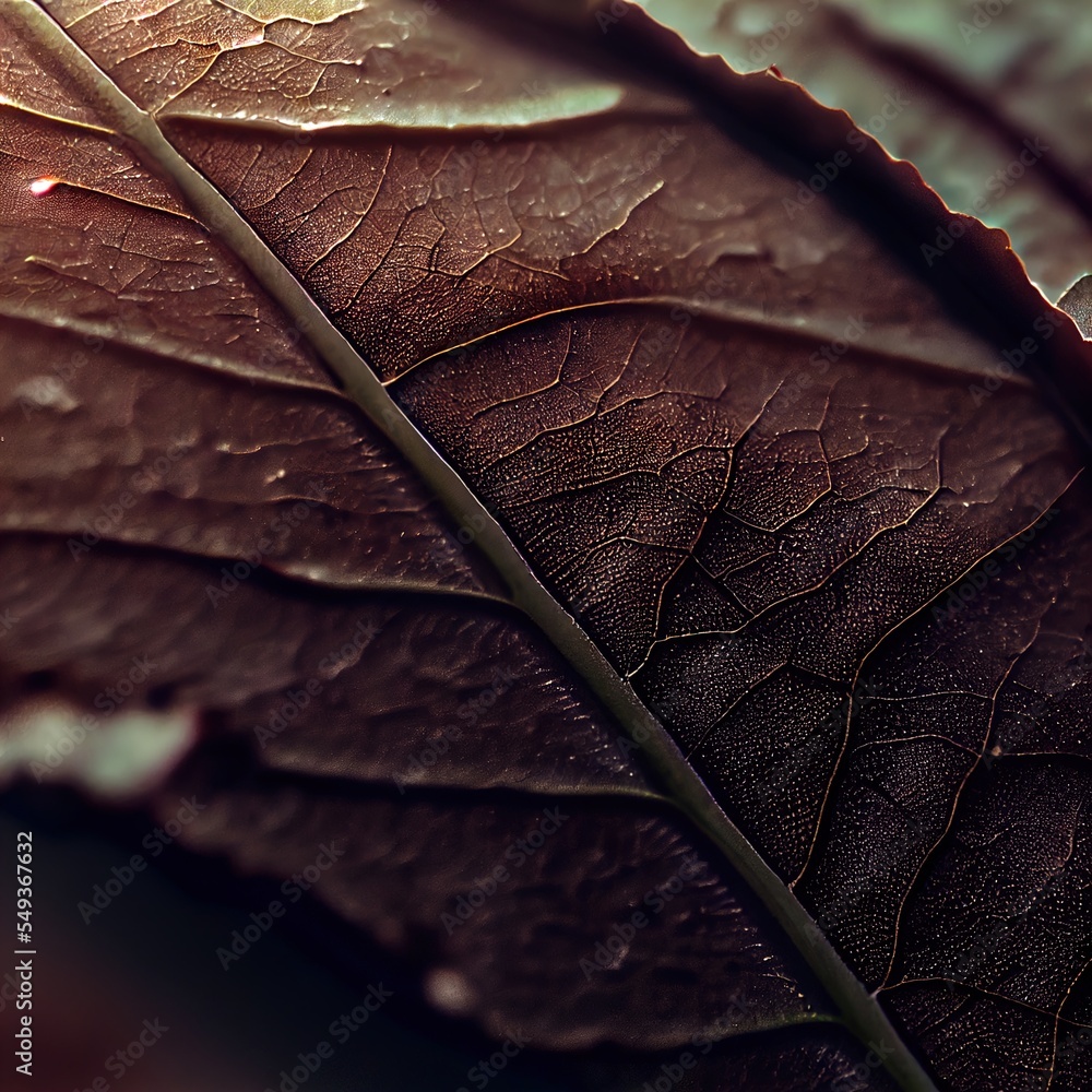 Poster a close up of a leaf with a light shining on it's side and a blurry background. generative ai