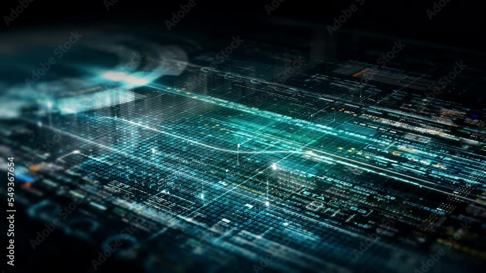 Poster Futuristic abstract de-focus flowing data matrix, meta, metaverse, telemetry and encrypt numbers display with particles simulation in cyber space environment for head up display background